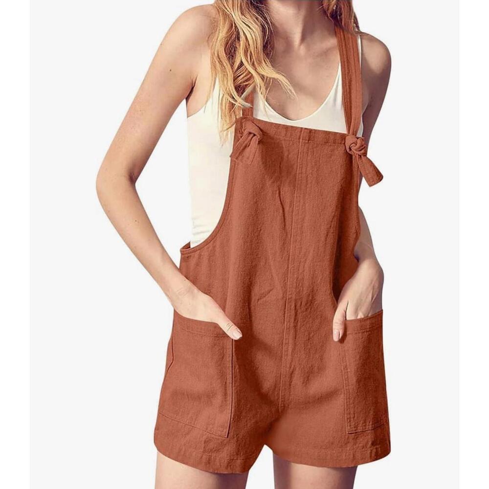 Short Overalls for Women Cotton Bib Pants Jumpsuits Baggy Casual Romper Orange M